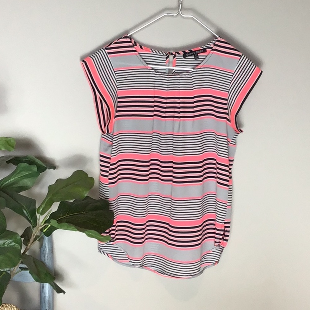 Sweet Rain > Pink and Gray Striped Blouse Medium